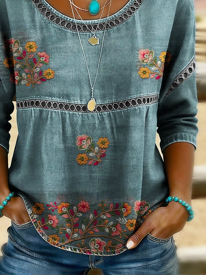 Blue Denim-Look Floral Embroidery Hollow Trim Crew Neck Half Sleeve Micro Stretch Loose Women Blouse
