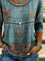 Blue Denim-Look Floral Embroidery Hollow Trim Crew Neck Half Sleeve Micro Stretch Loose Women Blouse