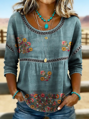 Blue Denim-Look Floral Embroidery Hollow Trim Crew Neck Half Sleeve Micro Stretch Loose Women Blouse