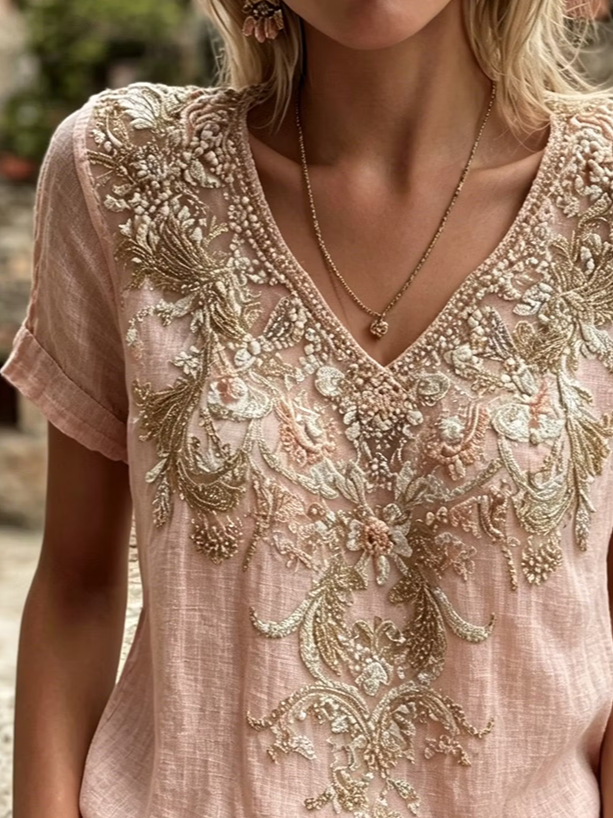 Pink Linen-Like V-Neck Intricate Vintage Floral Embroidery Short Sleeve Casual Women T-Shirt