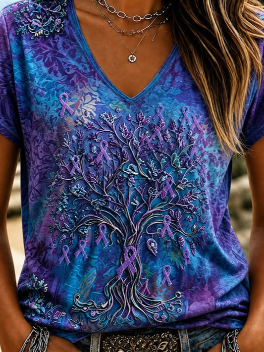 Multicolor Purple Blue Tree of Life Floral Print V-Neck Short Sleeve Casual Women T-Shirt