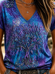 Multicolor Purple Blue Tree of Life Floral Print V-Neck Short Sleeve Casual Women T-Shirt