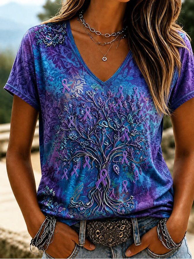 Multicolor Purple Blue Tree of Life Floral Print V-Neck Short Sleeve Casual Women T-Shirt