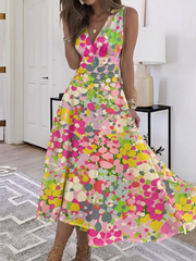 Pink Vibrant Multicolor Abstract Dot Print V-Neck Sleeveless Flowy A-Line Midi Summer Dress For Women