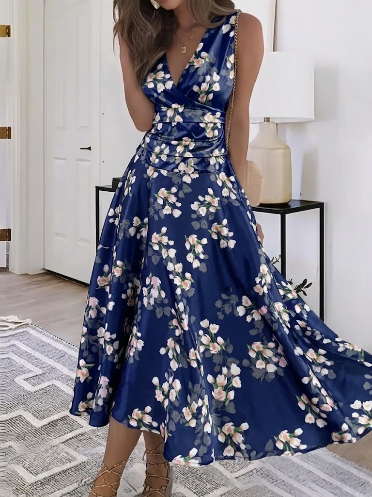 Navy Floral Surplice V-Neck Sleeveless Ruched Waist Flowy A-Line Midi Summer Dress For Women