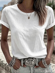 White Solid Casual Plain Crew Neck Short Sleeve Everyday Women T-shirt