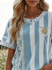Argentina Theme Striped Vintage 3D Print Crew Neck Short Sleeve Lace Detailed Women T-shirt