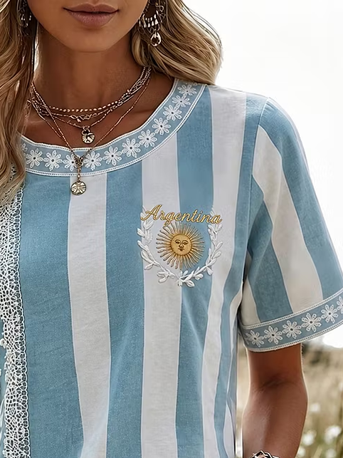 Argentina Theme Striped Vintage 3D Print Crew Neck Short Sleeve Lace Detailed Women T-shirt