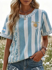 Argentina Theme Striped Vintage 3D Print Crew Neck Short Sleeve Lace Detailed Women T-shirt