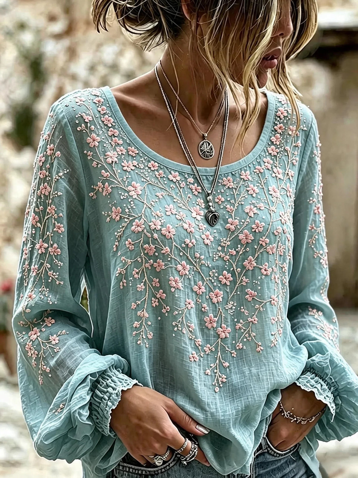 Dull Teal Pink Floral Embroidery Crew Neck Elastic Cuff Long Sleeve Micro-Elastic Regular Fit Women Blouse