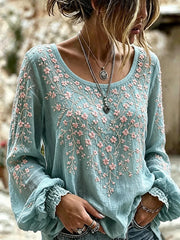 Dull Teal Pink Floral Embroidery Crew Neck Elastic Cuff Long Sleeve Micro-Elastic Regular Fit Women Blouse