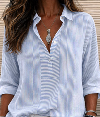 Stripe-Blue Shawl Collar Long Sleeve Striped Micro-Elastic Regular Fit Women Shirt