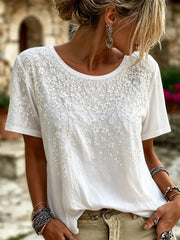 White Floral Embroidery Crew Neck Short Sleeve Casual Women T-shirt