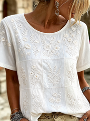 White Floral Embroidered Crew Neck Short Sleeve Tee