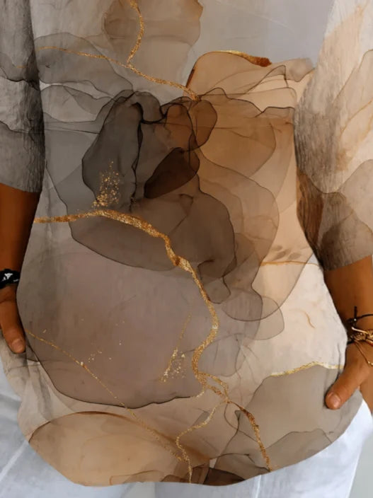 Brown Marble Ombre V-Neck 3/4 Sleeve Tee