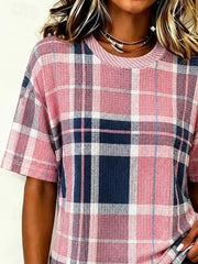 Pink Plaid Crew Neck Short Sleeve T-Shirt