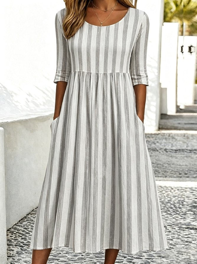 Gray Striped Crew Neck Half-Sleeve A-Line Midi Dress
