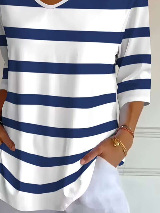 Blue White Striped V-Neck Three-Quarter Sleeve T-Shirt