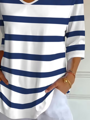 Blue White Striped V-Neck Three-Quarter Sleeve T-Shirt