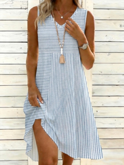 Blue Striped V-Neck Sleeveless A-Line Summer Dress