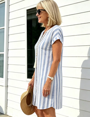 Breathable Cotton Dress Loose Casual Striped Shirt Dress