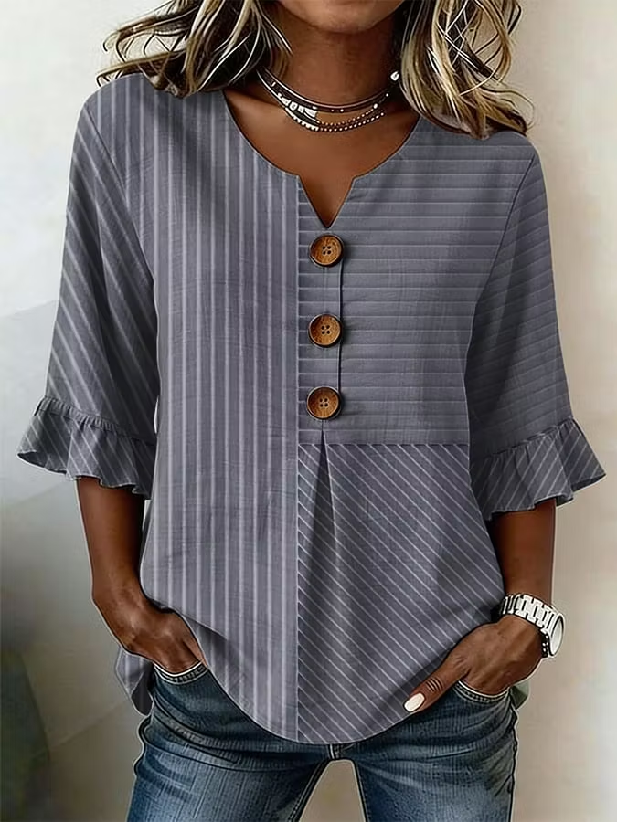 Gray Mixed Stripe V-Neck Three Wooden Button Ruffle Half Sleeve Blouse