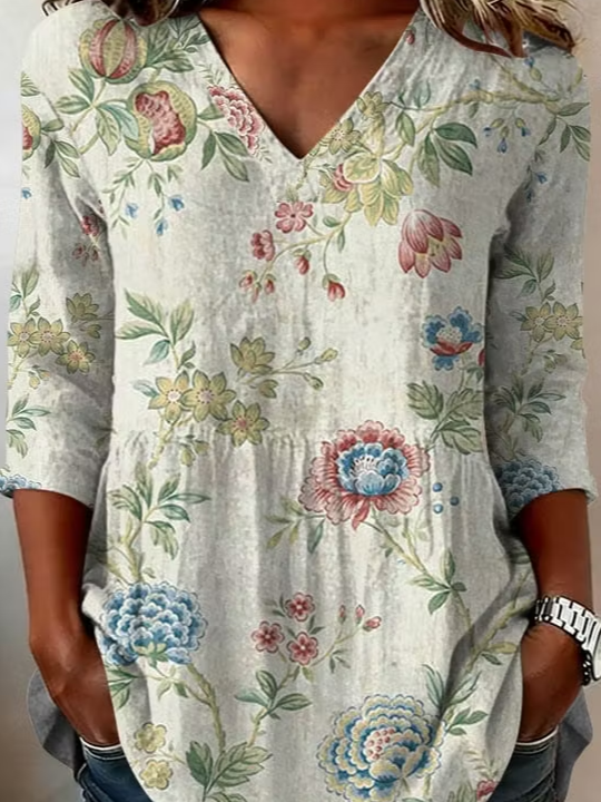 Vintage Floral V-Neck Three-Quarter Sleeve Peplum Tunic Top