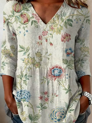 Vintage Floral V-Neck Three-Quarter Sleeve Peplum Tunic Top
