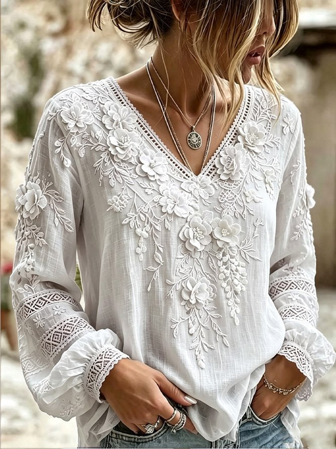 White 3D Floral Lace V-Neck Long Puff Sleeve Lightweight Blouse