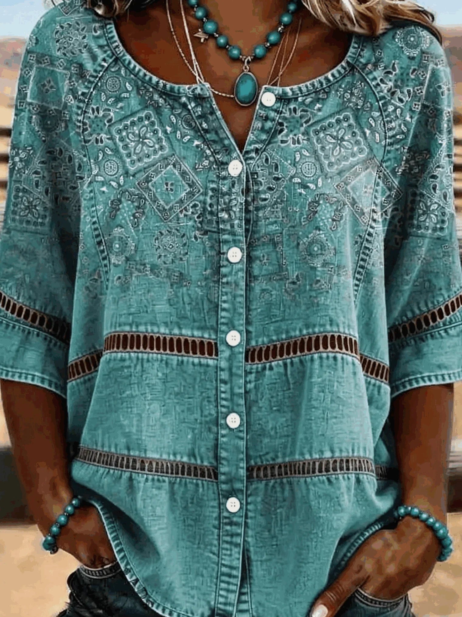 Cyan Western Paisley Patchwork Henley Collar Half Sleeve Button Down Shirt