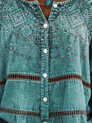 Cyan Western Paisley Patchwork Henley Collar Half Sleeve Button Down Shirt