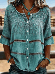 Cyan Western Paisley Patchwork Henley Collar Half Sleeve Button Down Shirt