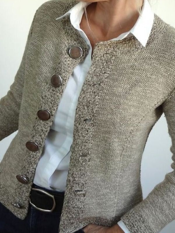 Khaki Collarless Long Sleeves Button Sweater Cardigan