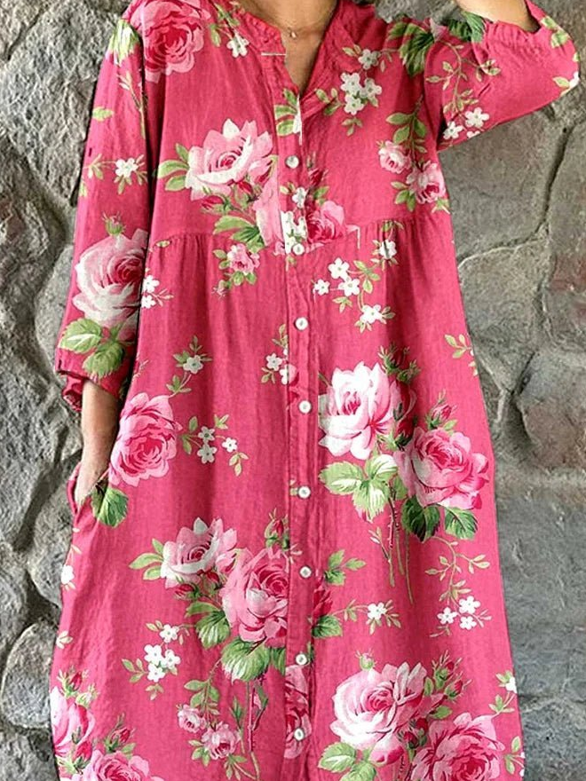 Rose Red Big Floral Henley Collar Three-Quarter Sleeve H-Line Shirt Midi Dress