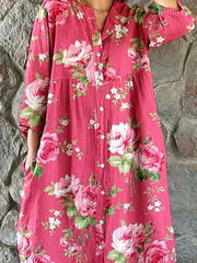 Rose Red Big Floral Henley Collar Three-Quarter Sleeve H-Line Shirt Midi Dress