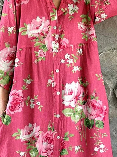 Rose Red Big Floral Henley Collar Three-Quarter Sleeve H-Line Shirt Midi Dress