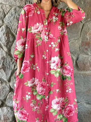 Rose Red Big Floral Henley Collar Three-Quarter Sleeve H-Line Shirt Midi Dress