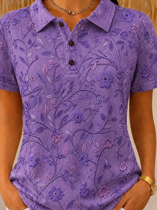 Purple Floral Embroidery Half-Open Polo Collar Short Sleeve Casual T-Shirt