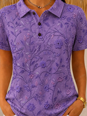 Purple Floral Embroidery Half-Open Polo Collar Short Sleeve Casual T-Shirt
