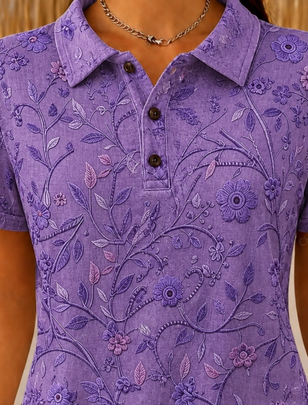 Purple Floral Embroidery Half-Open Polo Collar Short Sleeve Casual T-Shirt