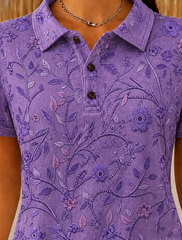 Purple Floral Embroidery Half-Open Polo Collar Short Sleeve Casual T-Shirt