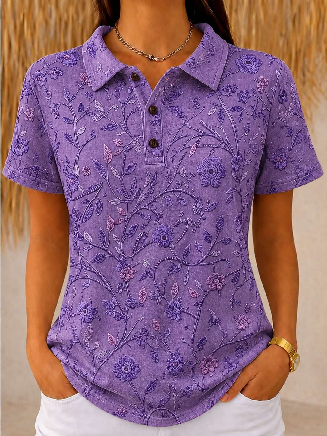 Purple Floral Embroidery Half-Open Polo Collar Short Sleeve Casual T-Shirt