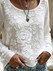 White Large Rose Floral Embroidery Scoop Neck Long Sleeve Casual T-Shirt