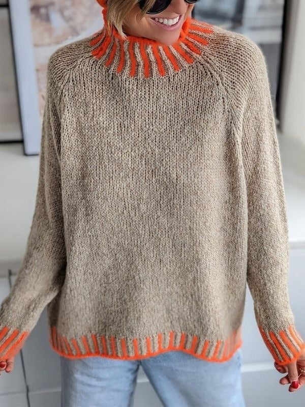 Gray High Neck Print Loose Sweater