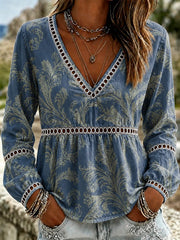 Deep Blue Vintage Leaf Print V-Neck Eyelet Lace Peplum Long Sleeve T-Shirt