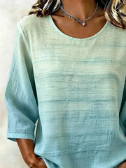 Cyan Gradient Ombre Stripe Crew Neck Three-Quarter Sleeve Casual Blouse