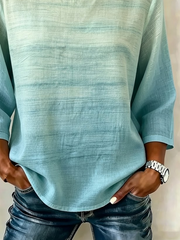 Cyan Gradient Ombre Stripe Crew Neck Three-Quarter Sleeve Casual Blouse
