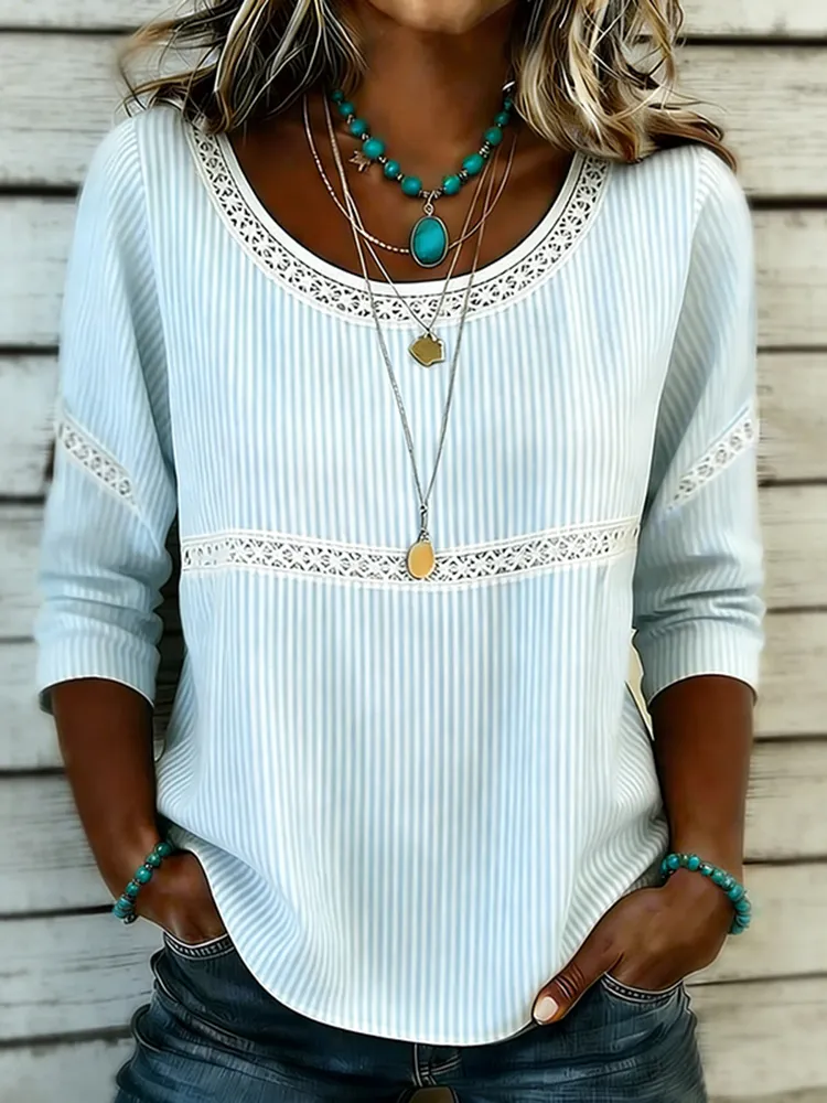 Light Blue Vertical Striped Eyelet Lace Trim Scoop Neck Three-Quarter Sleeve Loose Blouse