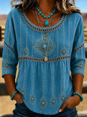 Blue Denim-Look Turquoise Geometric Embroidery Scoop Neck Peplum Three-Quarter Sleeve Loose Blouse