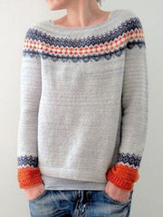 Gray Fair Isle Print Boat Neck Long Sleeves Sweater